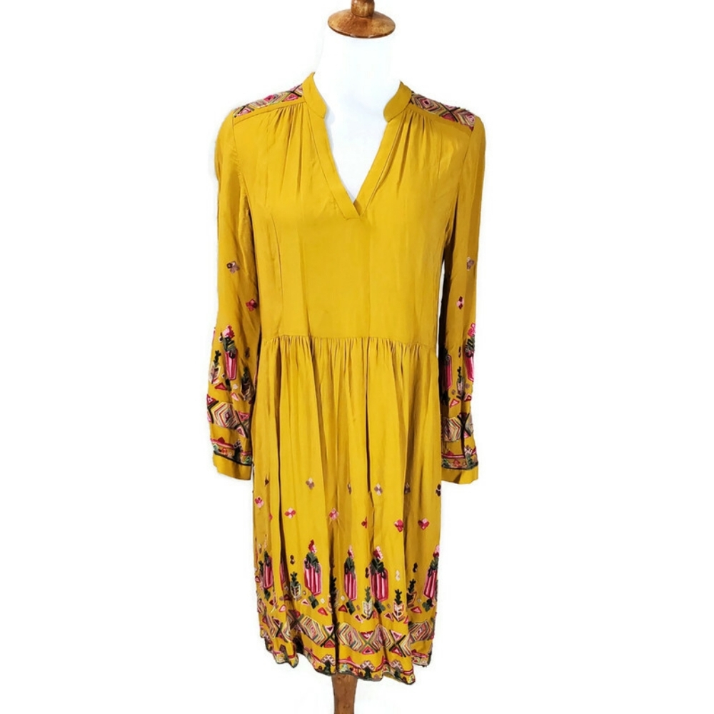 Anthropologie Floreat Raella Gold Mustard Embroidered Tunic Dress size small - Picture 2 of 14